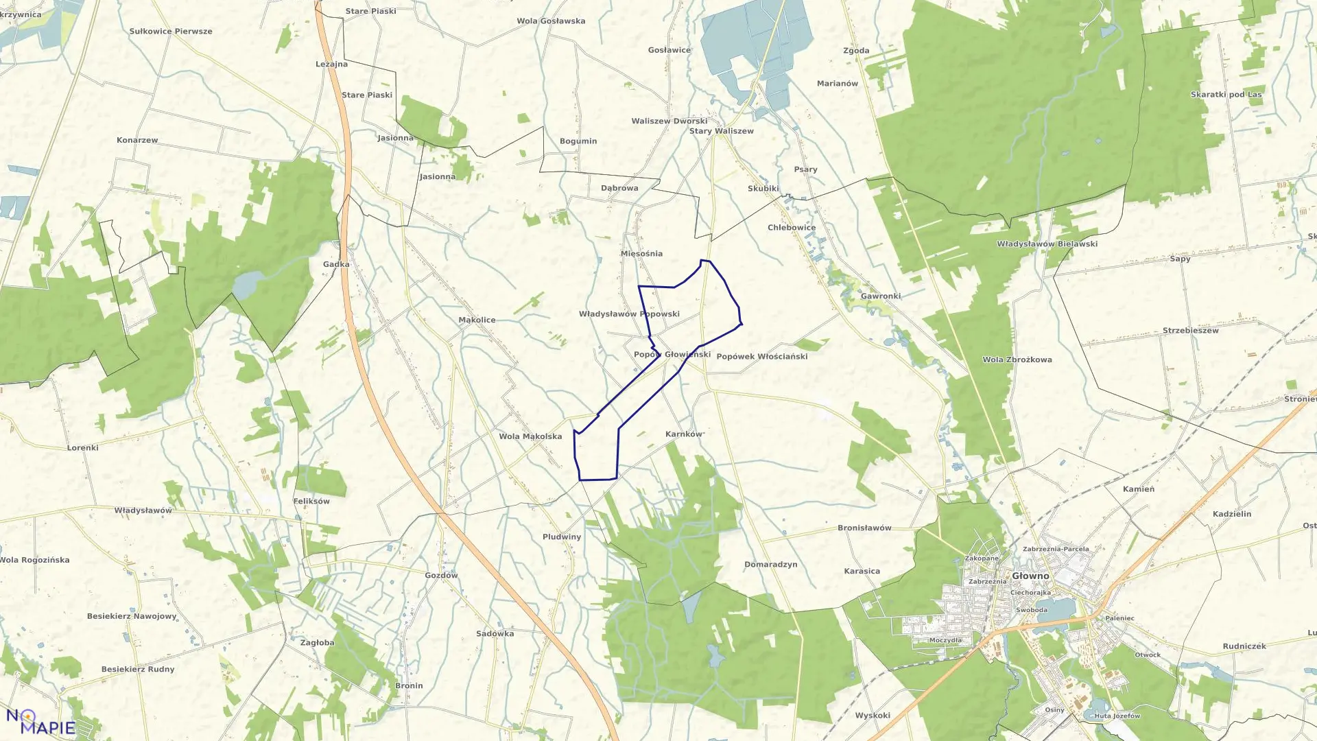 Mapa obrębu POPÓW GŁOWIEŃSKI w gminie Głowno